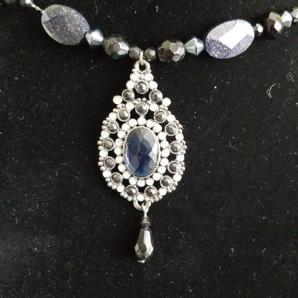 Navy Blue and Black Crystal Set Necklace Earrings